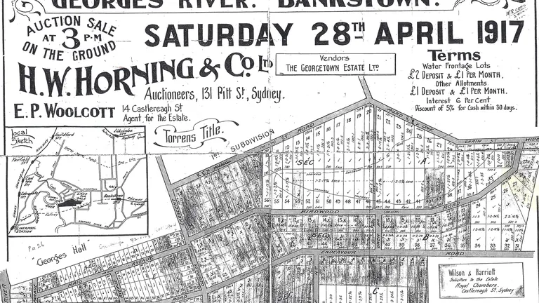 A 1917 auction poster for the Georgetown Estate at Georges Hall, with its lot plan