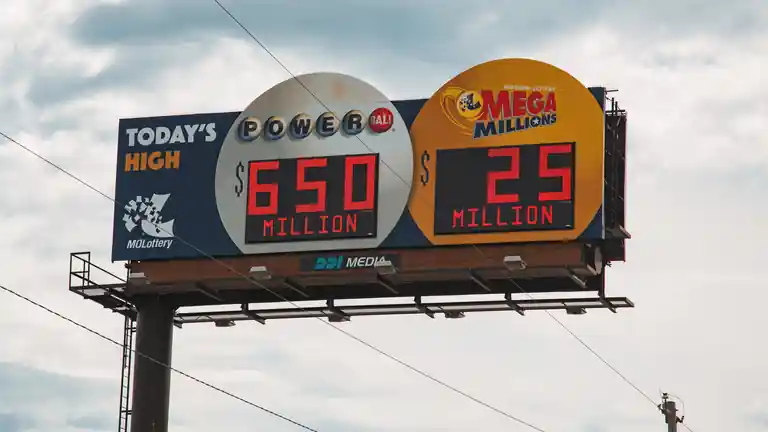 A roadside billboard showing two lottery jackpots of $650 million and $25 million