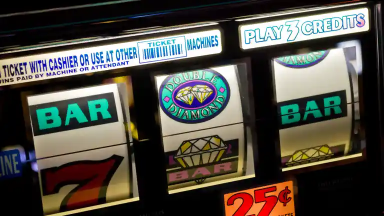 Slot machine reels stopped on BAR, a diamond and BAR, with a 7 just below the line